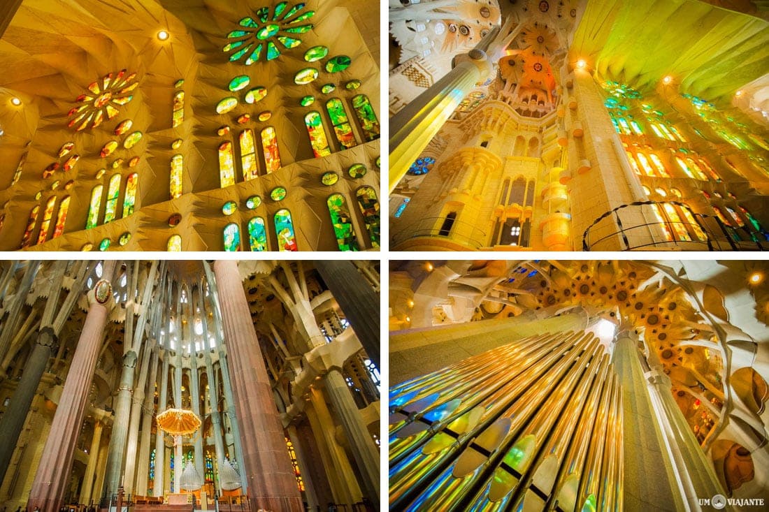 Vitrais e interior da Sagrada Família, em Barcelona
