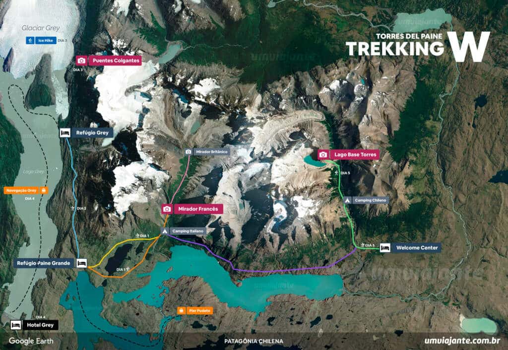 Mapa Trekking W Torres del Paine - Patagônia Chilena